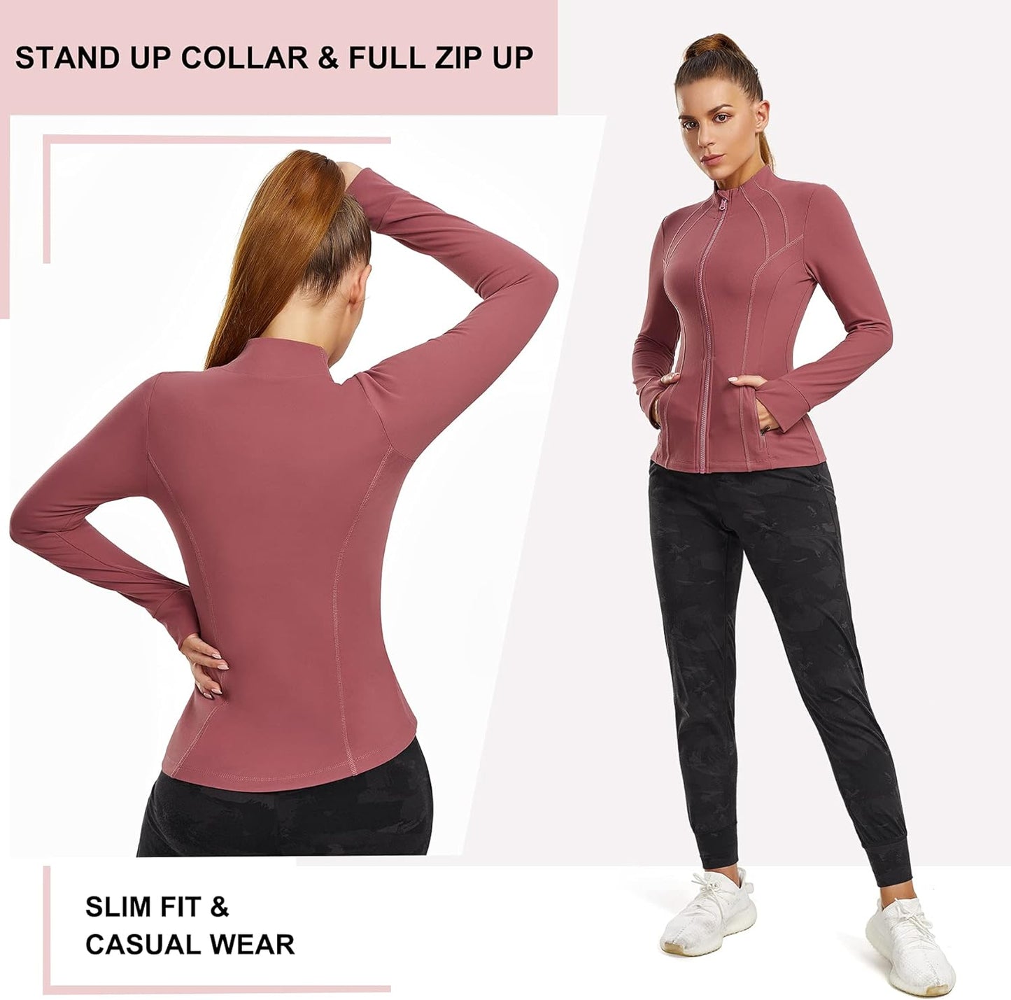 Women's Full Zip Sports Jacket - Slim Fit Long Sleeve Workout and Running Jacket with Thumb Holes (Pink, Medium)