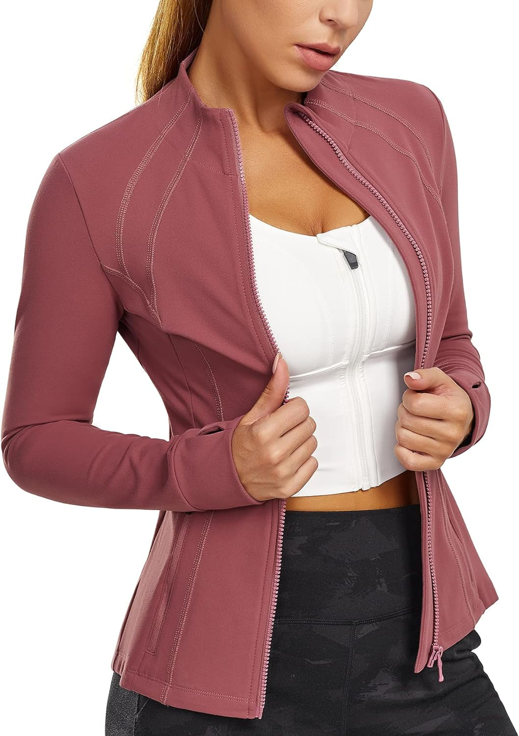Women's Full Zip Sports Jacket - Slim Fit Long Sleeve Workout and Running Jacket with Thumb Holes (Pink, Medium)