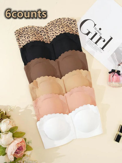 Women'S Solid / Leopard Print Strapless Bra, Wireless Push up Bra, Basic Casual Comfortable Breathable Scallop Trim Hook & Eye Front Bralette, Pastel Lingerie for All Seasons, Light Womenswear, Lady Bra Pack, Underwear