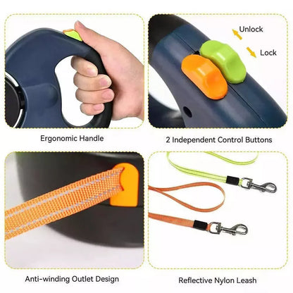 Dual Pet Retractable Leash with Reflective Features and 360-Degree Swivel for Double Dog Walking