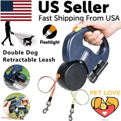 Dual Pet Retractable Leash with Reflective Features and 360-Degree Swivel for Double Dog Walking