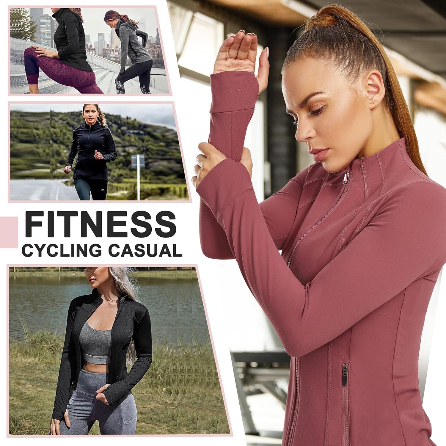 Women's Full Zip Sports Jacket - Slim Fit Long Sleeve Workout and Running Jacket with Thumb Holes (Pink, Medium)