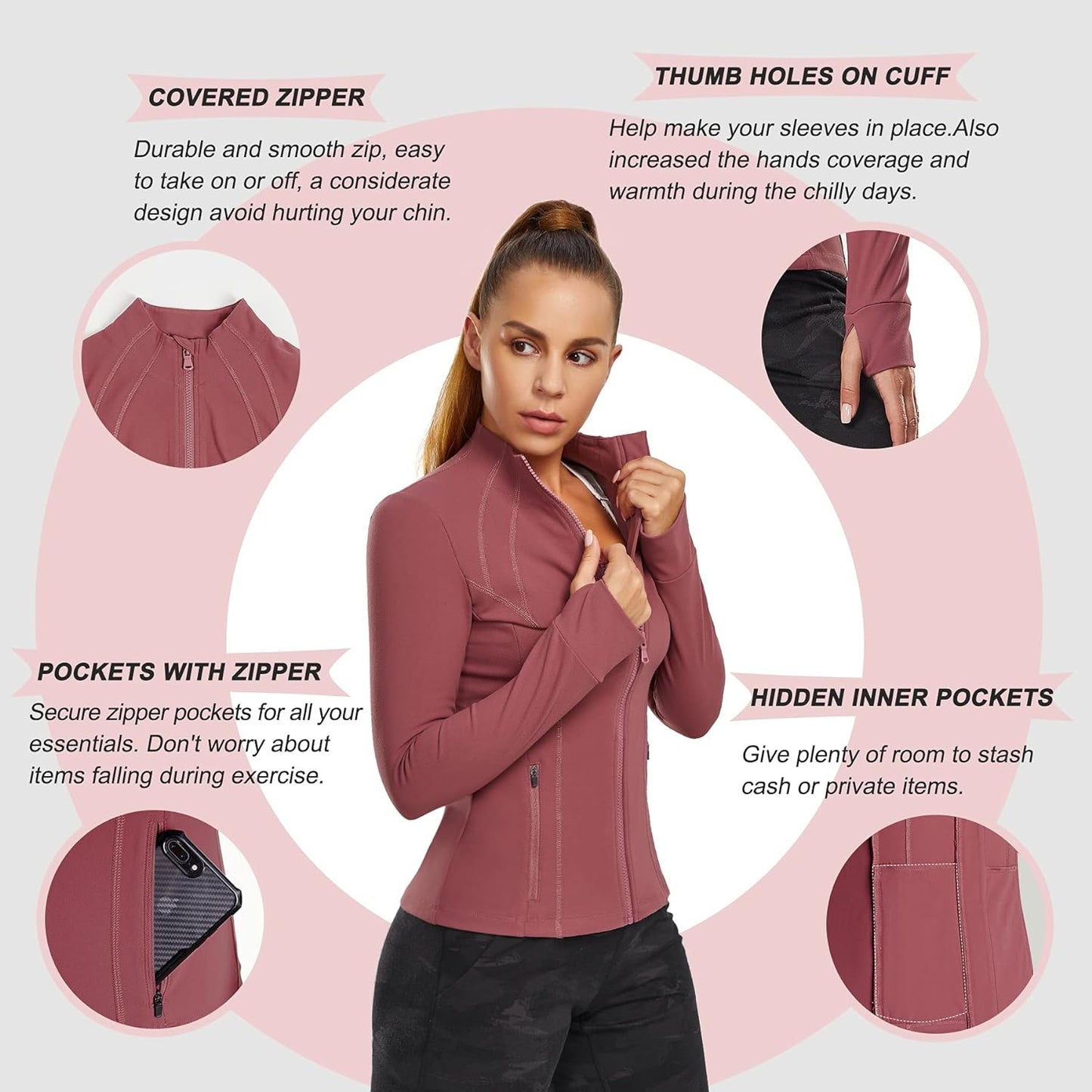Women's Full Zip Sports Jacket - Slim Fit Long Sleeve Workout and Running Jacket with Thumb Holes (Pink, Medium)