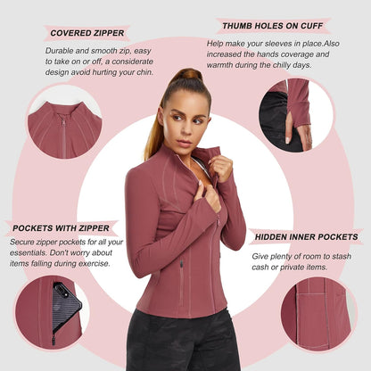 Women's Full Zip Sports Jacket - Slim Fit Long Sleeve Workout and Running Jacket with Thumb Holes (Pink, Medium)