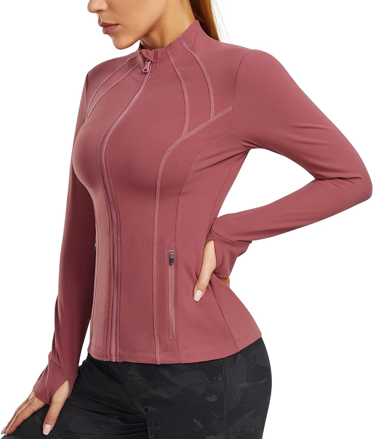 Women's Full Zip Sports Jacket - Slim Fit Long Sleeve Workout and Running Jacket with Thumb Holes (Pink, Medium)