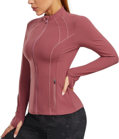 Women's Full Zip Sports Jacket - Slim Fit Long Sleeve Workout and Running Jacket with Thumb Holes (Pink, Medium)