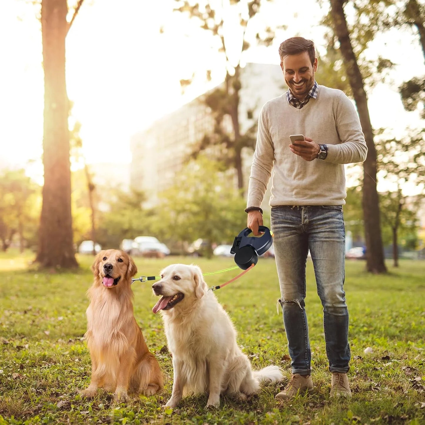 Dual Pet Retractable Leash with Reflective Features and 360-Degree Swivel for Double Dog Walking